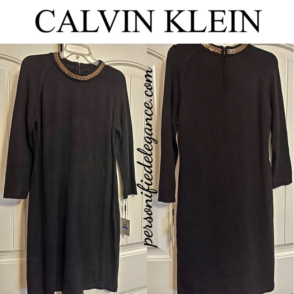 NEW Calvin Klein Gold Chain Black Sweater Dress Size XL